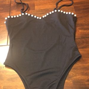 Black Bodysuit with Pearl Accents